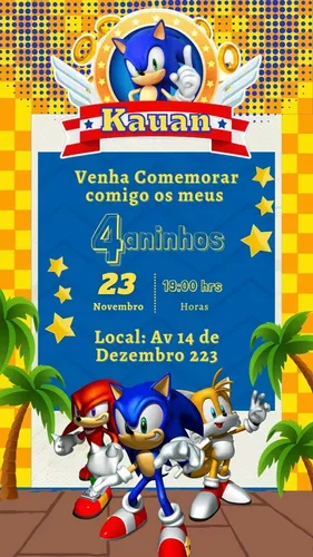 Convite de Aniversário Sonic - 12 Unidades