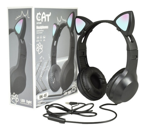 Audifonos Diadema 3.5mm Cat Orejas De Gato Luz Led Ear Bk-48 Color Negro