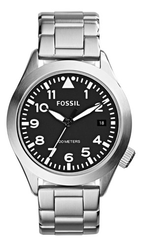 Reloj Fossil Hombre Acero Numeros Fecha Sumergible Am4562 Malla Plateado Bisel Plateado Fondo Negro