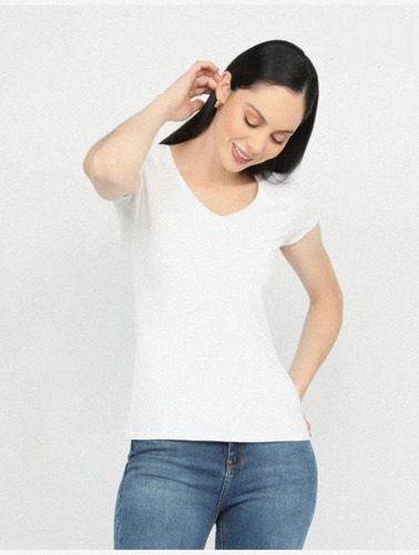 Polo Blanco Cuello V Talla L Mujer Lycra Algodón Grueso 