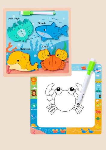 Juego Infantil De Encastre Didáctico 2 En 1 Puzzle + Pizarra