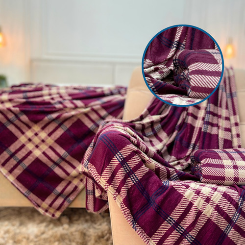 Cobertor Manta Soft Leve Quentinho Para Cama E Sofá Xadrez Cor Vinho Desenho Do Tecido Manta Xadrez B3