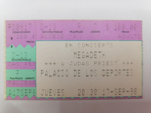 Megadeth Y Judas Priest  Boleto Concierto Mexico Sept 1998  
