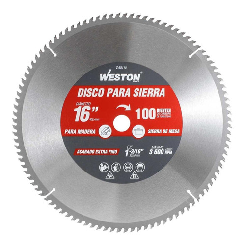 Disco Sierra Circular P/madera 16'' X 1-3/16'' 100d Buje25mm