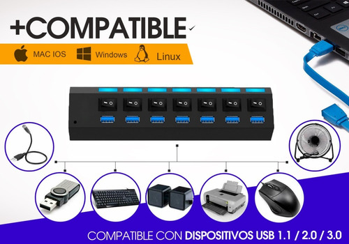 Imagen 7 de 10 de Hub Usb 3.0 Multiplicador 7 Teclas Led 5 Gbps + Fuente 5v