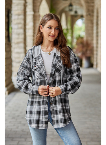 Camisa Casual A Cuadros Con Capucha Para Mujer