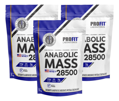 Combo 3x Hipercalórico Anabolic Mass 28500 - 3kg - Total 9kg