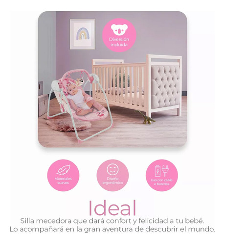 Silla Mecedora Para Bebes Columpio Control Remoto Mosquitero Rosa