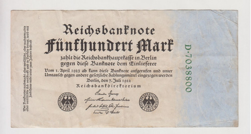 Billete Alemania 500 Mark 1922 Berlin (c85)