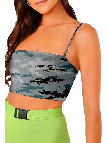 Crop Top Corto Tirante Fino Print Camuflaje Gris Y Azúl