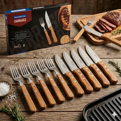 FAQUEIRO TRAMONTINA CHURRASCO 12 PC TALHERES TRAMONTINA INOX MADEIRA NATURAL
