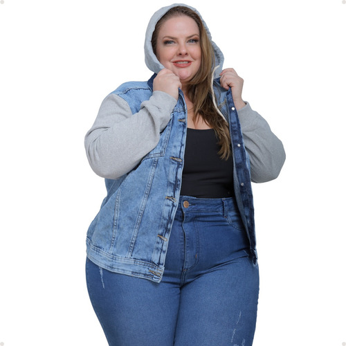 Jaqueta Feminina Plus Size Jeans Com Capuz E Manga Moletom