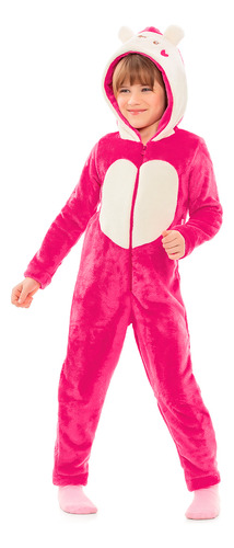 Pijama Macacão Infantil Menina Fleece Urso Rosa Pink Kamylus