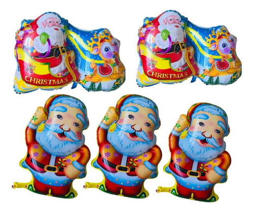 5 Balões Sortidos Papai Noel Decoração Festas Eventos Natal Cor 3 Papai Noel + 2 Papai Noel com rena e trenó