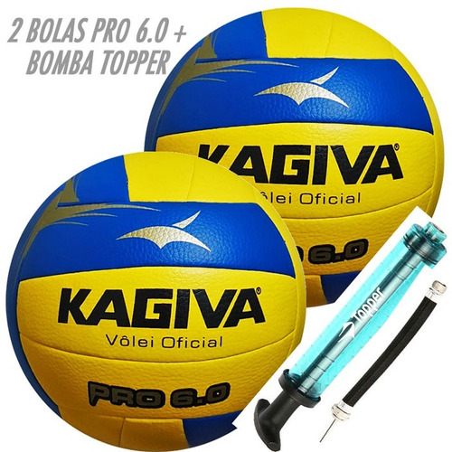 2 Bolas Volei Kagiva Pro 6.0 + Inflador Topper Dupla Ação