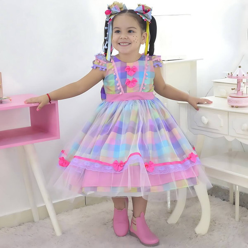 Vestido Infantil Junina São Joao Quadrilha + 2 Laços Cabelo