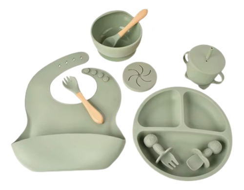 Kit 8 Alimentação Bebê Silicone Prato Babador Alimentar Cor Verde