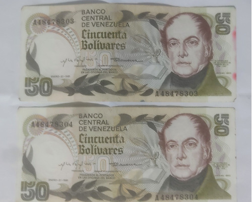 Set  2 Billetes 50 Bolivares Andrés Bello 1981 Serial Consec