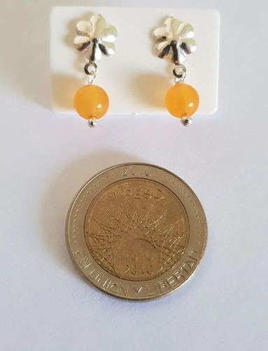 Aros Jade Naranja Natural Bolitas 6mm Florcita En Plata 925