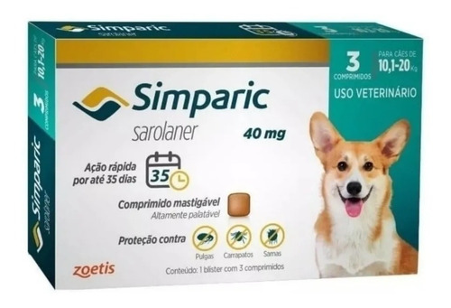  Anti Pulgas Simparic 40 Mg 10,1 A 20 Kg C/ 3 Comprimidos /f