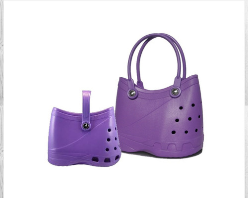 Bolsa De Playa Para Dama Estilo Crocs 2 Piezas + 6 Pines Color Violeta