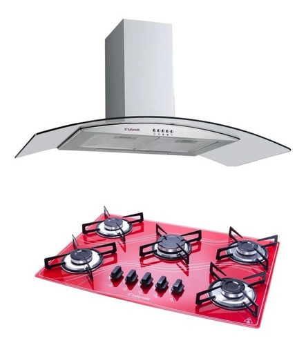 Coifa 90 Cm Curva+cooktop 5 Bocas Vermelho Frete Grátis