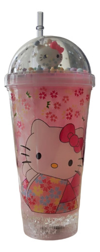 Vaso Termo Glitter Kitty Diseño 1 Rosa Con Flores