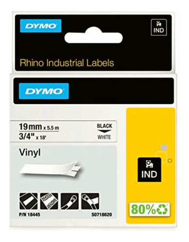 Dymo M18445 Cinta Rhino Vinilo 19mm, Negro/blanco