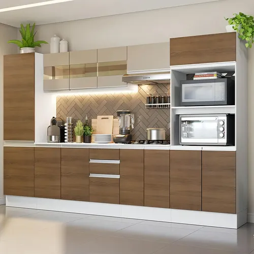 Cozinha Completa Mdf Smart Madesa 300 Cm Armário Balcão Brc Cor Branco/rustic/crema