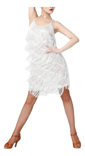 Vestido Latino De Lentejuelas Con Flecos Sin Mangas Tirantes Delgado Cuello V - Ropa Baile Fiesta