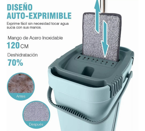 Trapeador Mopa Plana Con Balde Escurridor + 2 Repuestos Agua