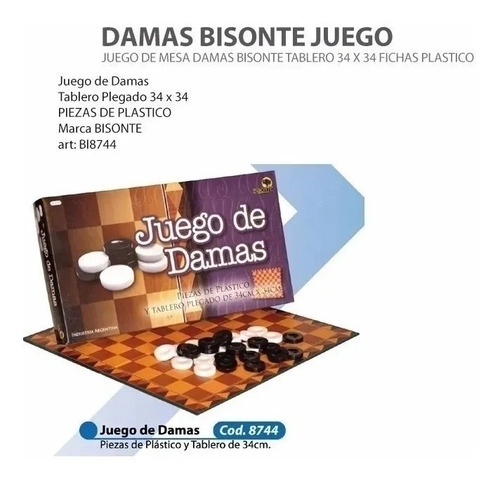 Imagen 2 de 4 de Juego De Mesa Damas Bisonte Tablero 34 X 34 Fichas Plasticas