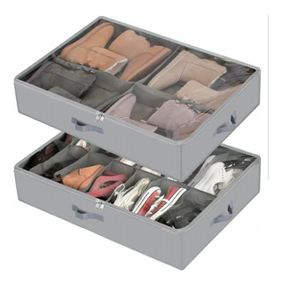 Organizador De Zapatos Almacenamiento Bajo Cama Zapatero X2 Color 16 Pares - Gris