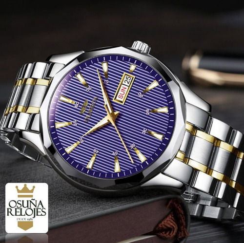 Relógio Masculino Luxo Original Dourado Prata Azul 0853