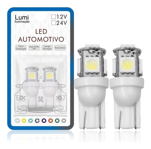 Kit 20 Lampada Pingo T10 5 Led Smd 5050 12v C/ Variações Cor