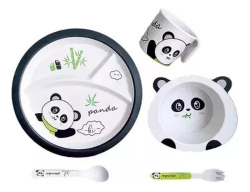 Set Vajilla Platos Oso Panda Bebe Infantil Bambú X 5pcs