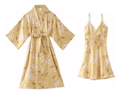 Conjunto De Bata Para Mujer, Kimono Con Flores, Conjunto De