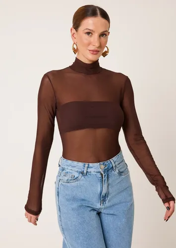 Body Feminino Tule Marrom Gola Alta Com Top Básico Elegante