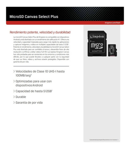 Imagen 3 de 6 de Memoria Kingston Micro Sd 32gb Canvas Select Plus A1 Clase10