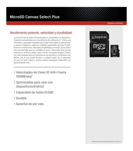 Memoria Micro SD 512GB Kingston Canvas Select Plus Clase 10 A1