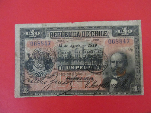 Billete Republica De Chile 1 Peso Zañartu-magallanes 1919