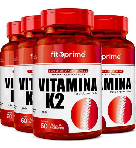 Kit 4 Potes Vitamina K2 Menaquinona 130mcg 60cps Fitoprime