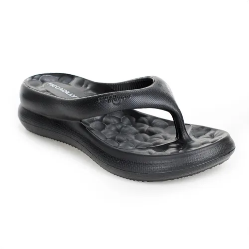 Chinelo feminino de dedo Piccadilly na cor preta com design ortopédico e sola grossa, vista lateral direita