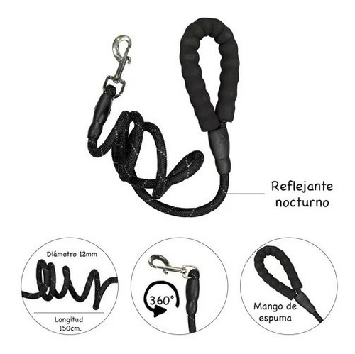 Correa Para Perro Resistente Reflejante 1.50m de alta calidad MR Wuff Color Negro