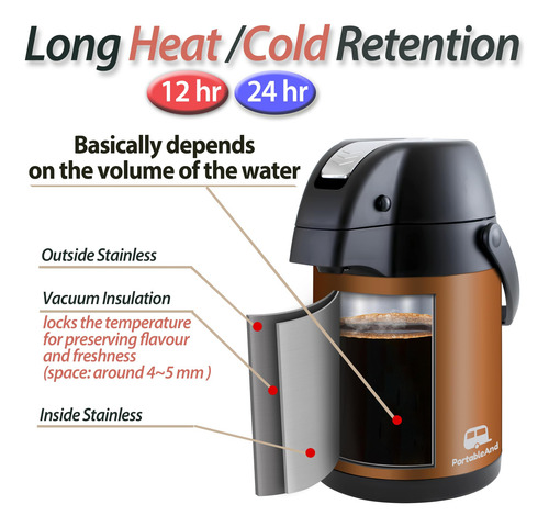 Jarra De Café Aislada Al Vacío, 3l, Bomba, Acero Inoxidable.