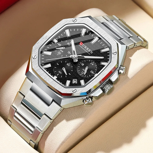 Reloj Curren 8459 Hombre Correa Metálica Plateada Y Negro Plateado Plateado Negro