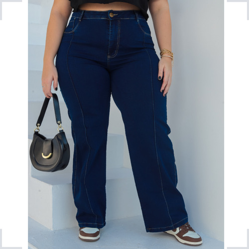 Calça Jeans Plus Size Wide Leg Cintura Alta Pantalona Lycra
