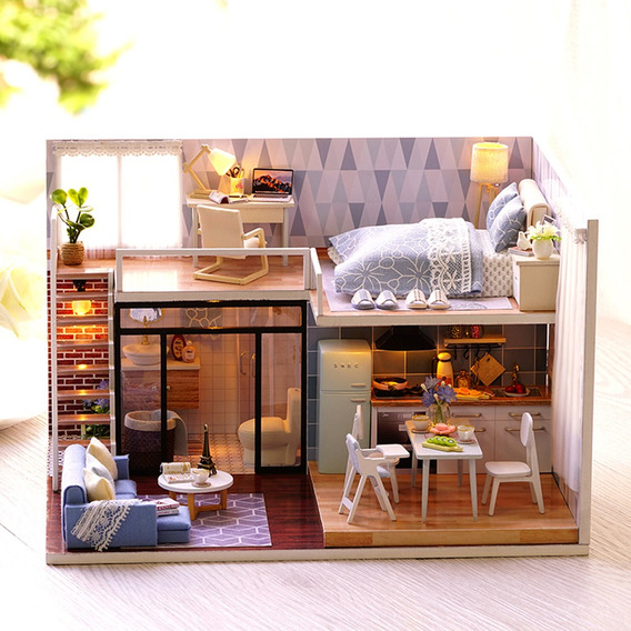 Casa de muñecas de madera hecha a mano en miniatura de juguete de mueb 