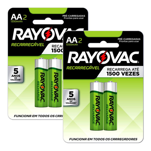 04 Pilhas Aa Recarregáveis 1350mah Rayovac 2 Cart C/ 2 Unid