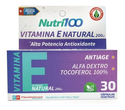 Nutri100 Vitamina E Natural. Vegetal. Suiza 30 Caps.